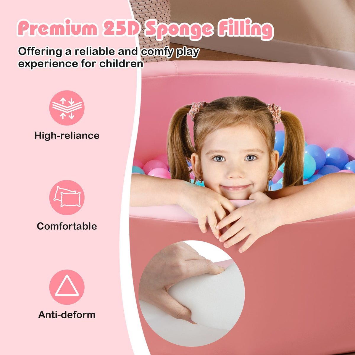 42.5 Inch Round Foam Ball Pits with 25D Sponge Filling and Washable PU Cover for Toddlers-Pink view 6