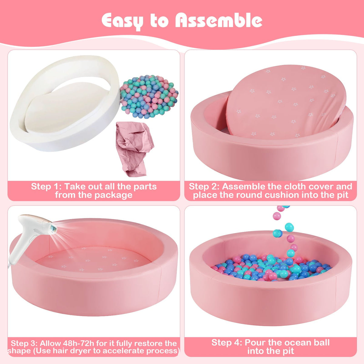42.5 Inch Round Foam Ball Pits with 25D Sponge Filling and Washable PU Cover for Toddlers-Pink view 7