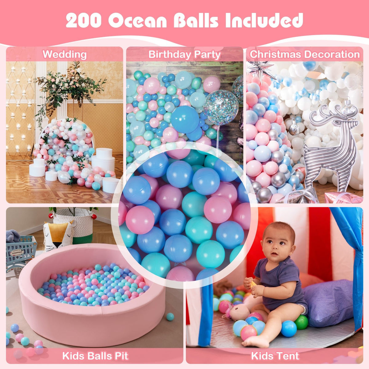 42.5 Inch Round Foam Ball Pits with 25D Sponge Filling and Washable PU Cover for Toddlers-Pink view 9