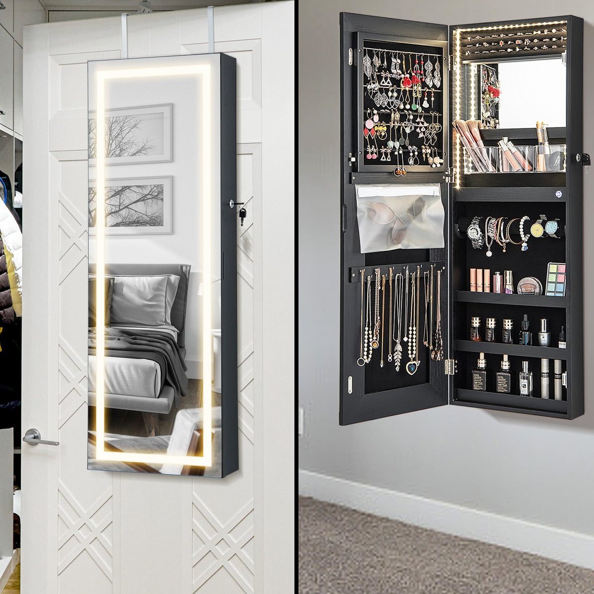 42.5 Inches Lockable Jewelry Mirror Wall Cabinet with 3-Color LED Lights-Black view 3