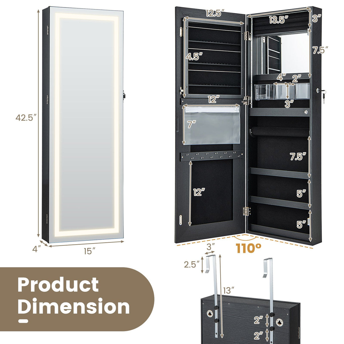 42.5 Inches Lockable Jewelry Mirror Wall Cabinet with 3-Color LED Lights-Black view 4