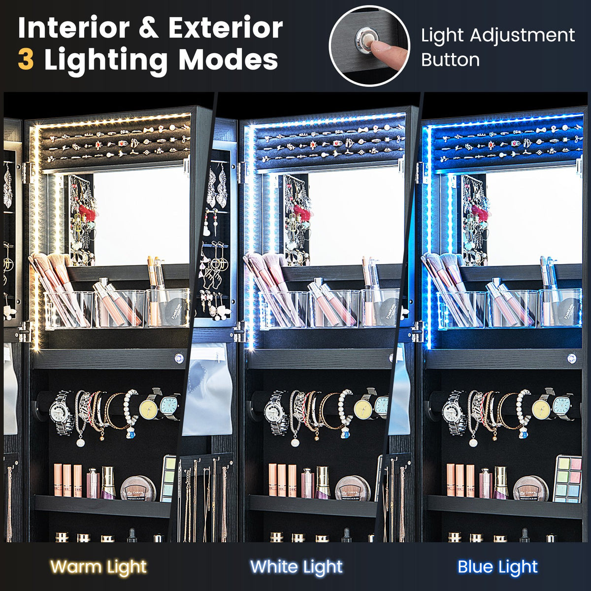 42.5 Inches Lockable Jewelry Mirror Wall Cabinet with 3-Color LED Lights-Black view 6