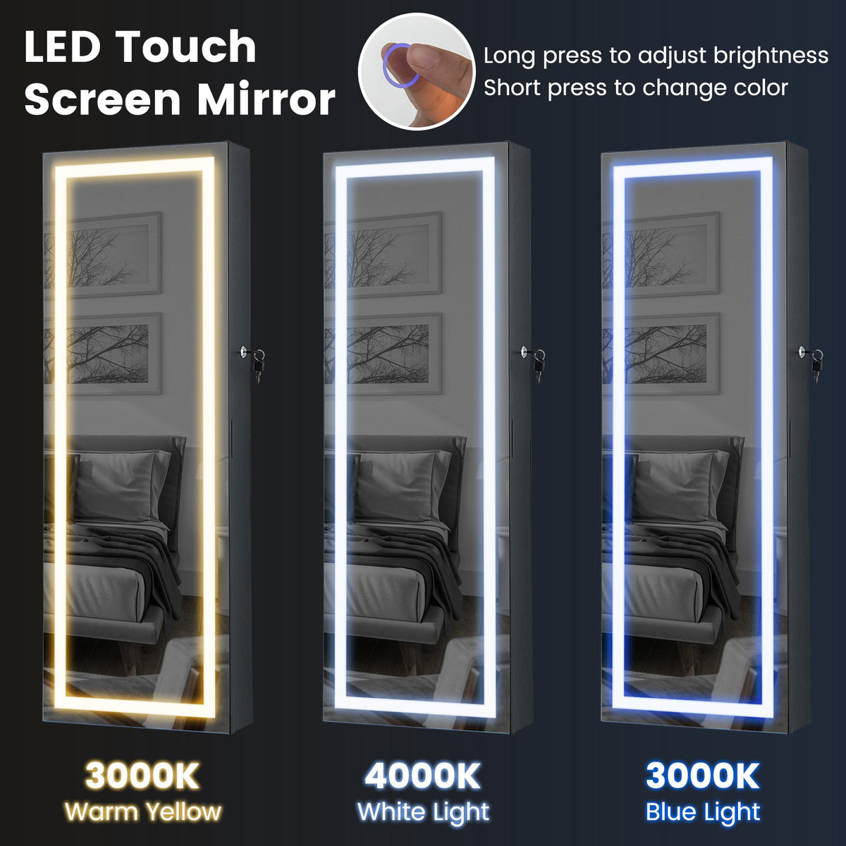 42.5 Inches Lockable Jewelry Mirror Wall Cabinet with 3-Color LED Lights-Black view 7