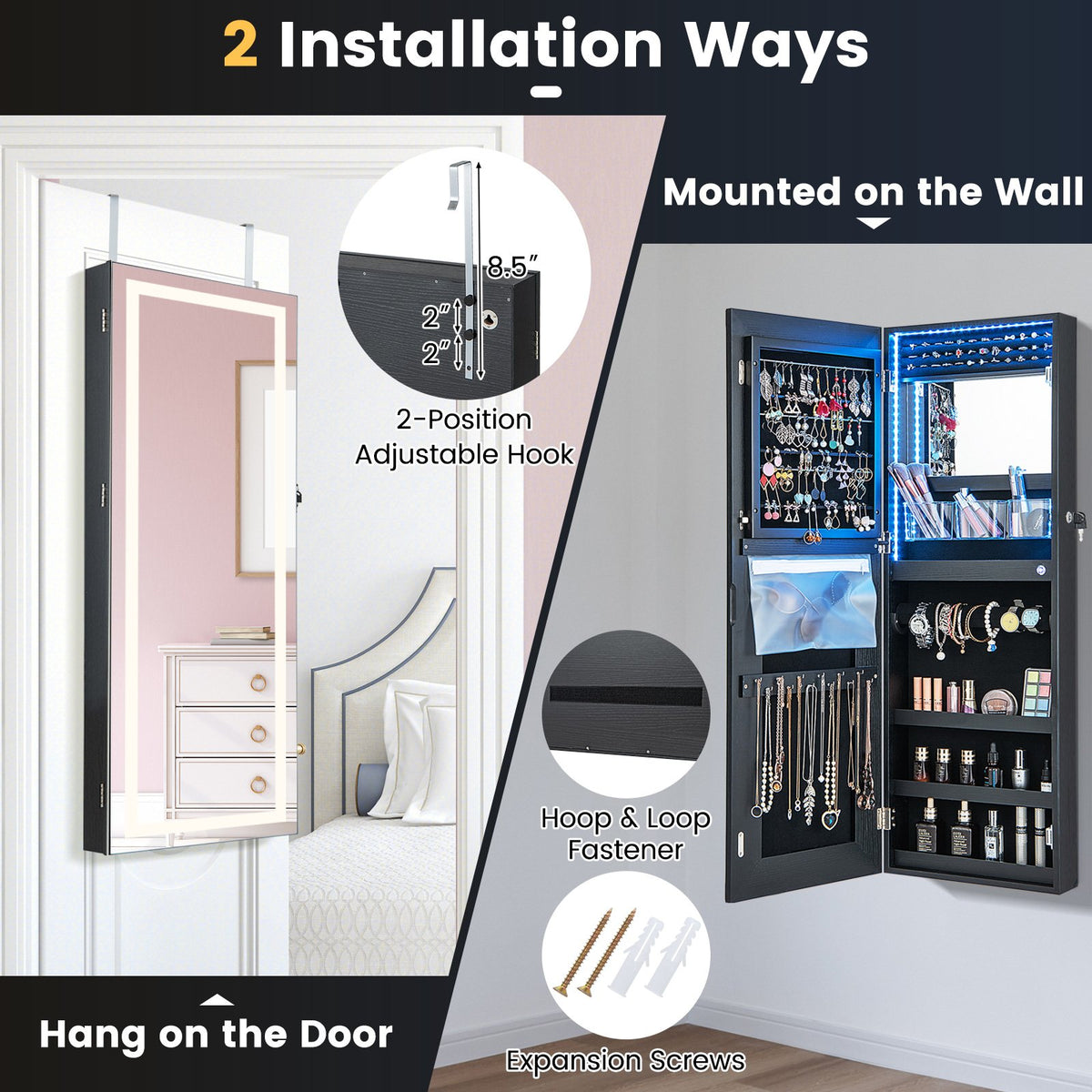 42.5 Inches Lockable Jewelry Mirror Wall Cabinet with 3-Color LED Lights-Black view 8