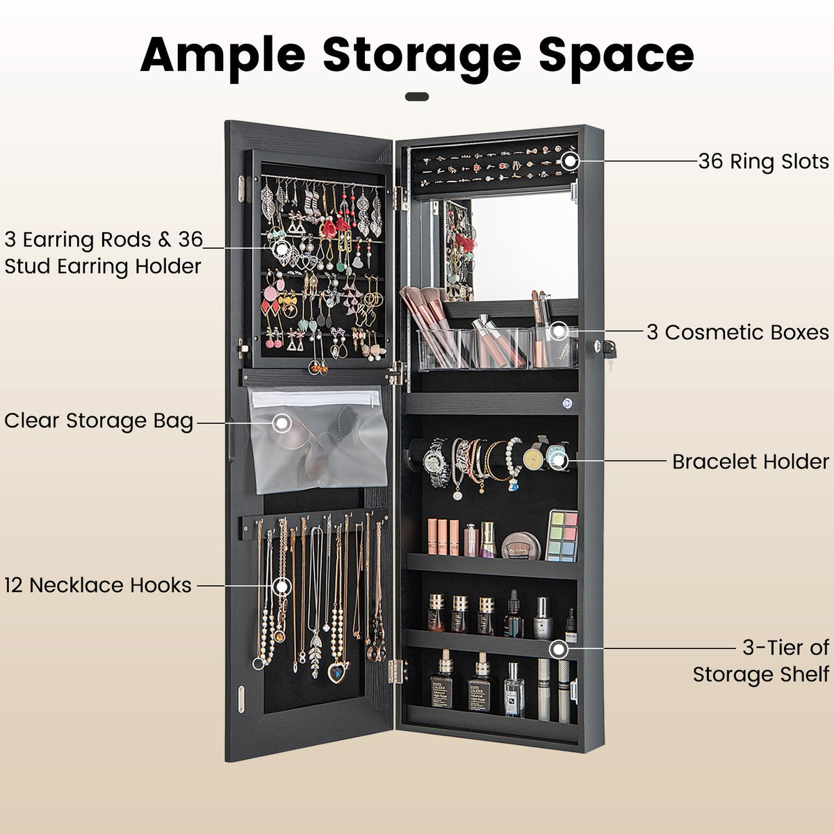 42.5 Inches Lockable Jewelry Mirror Wall Cabinet with 3-Color LED Lights-Black view 9