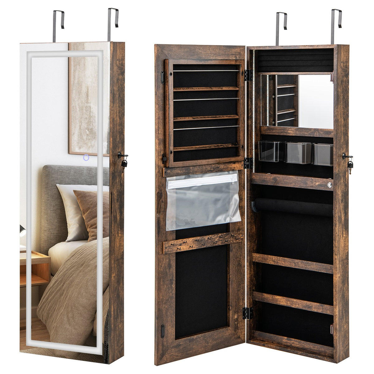 42.5 Inches Lockable Jewelry Mirror Wall Cabinet with 3-Color LED Lights-Rustic Brown