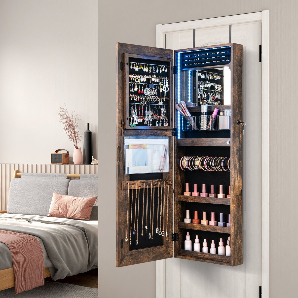 42.5 Inches Lockable Jewelry Mirror Wall Cabinet with 3-Color LED Lights-Rustic Brown view 2