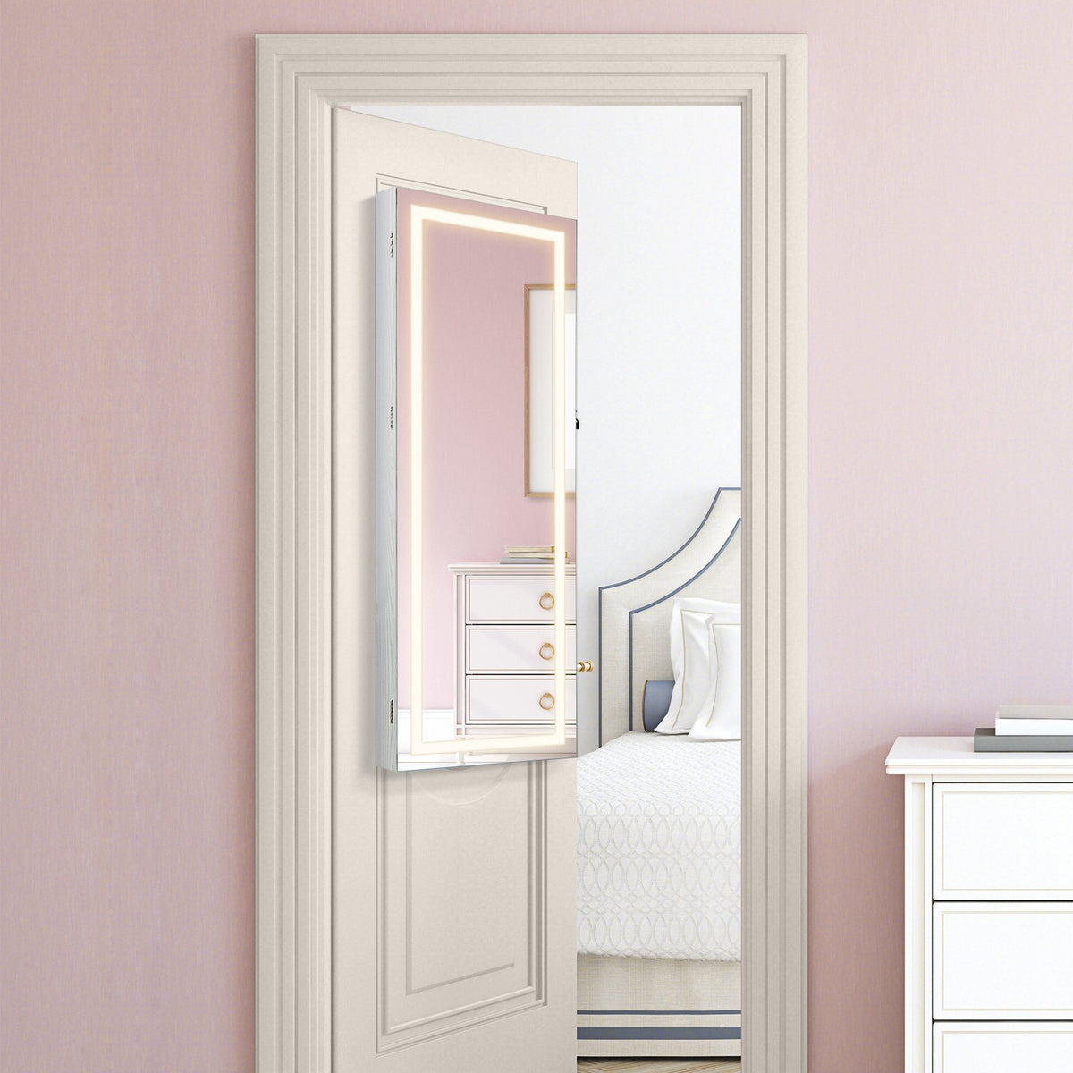 42.5 Inches Lockable Jewelry Mirror Wall Cabinet with 3-Color LED Lights-White view 2