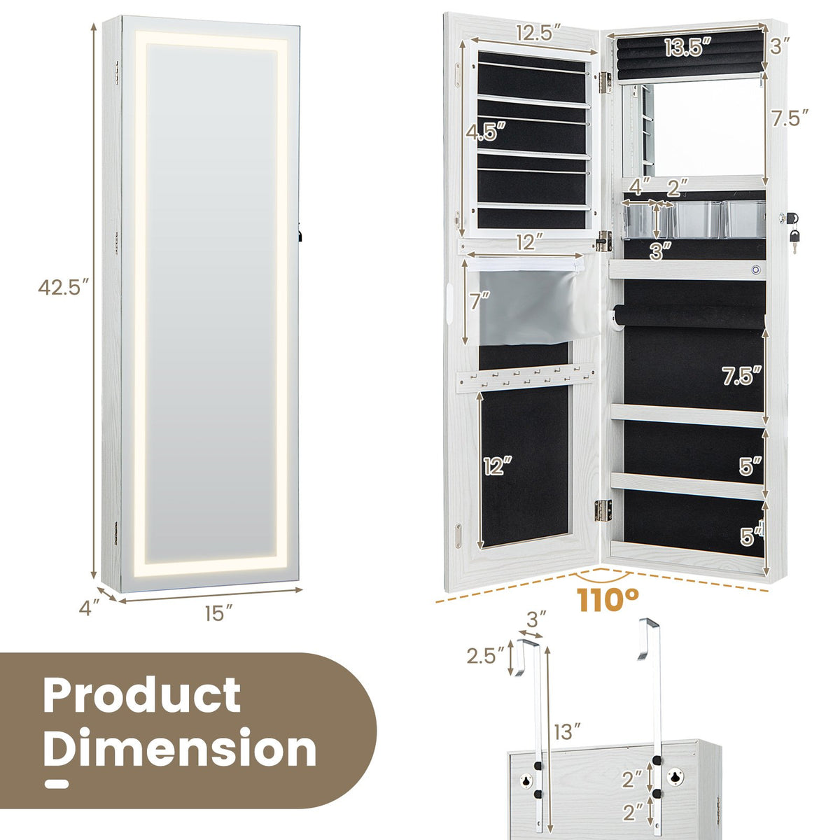 42.5 Inches Lockable Jewelry Mirror Wall Cabinet with 3-Color LED Lights-White view 5