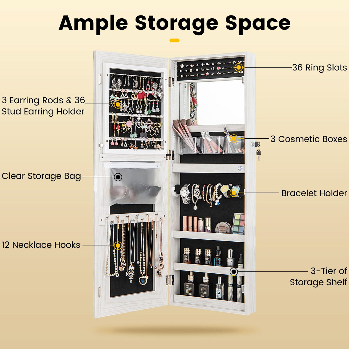 42.5 Inches Lockable Jewelry Mirror Wall Cabinet with 3-Color LED Lights-White view 7