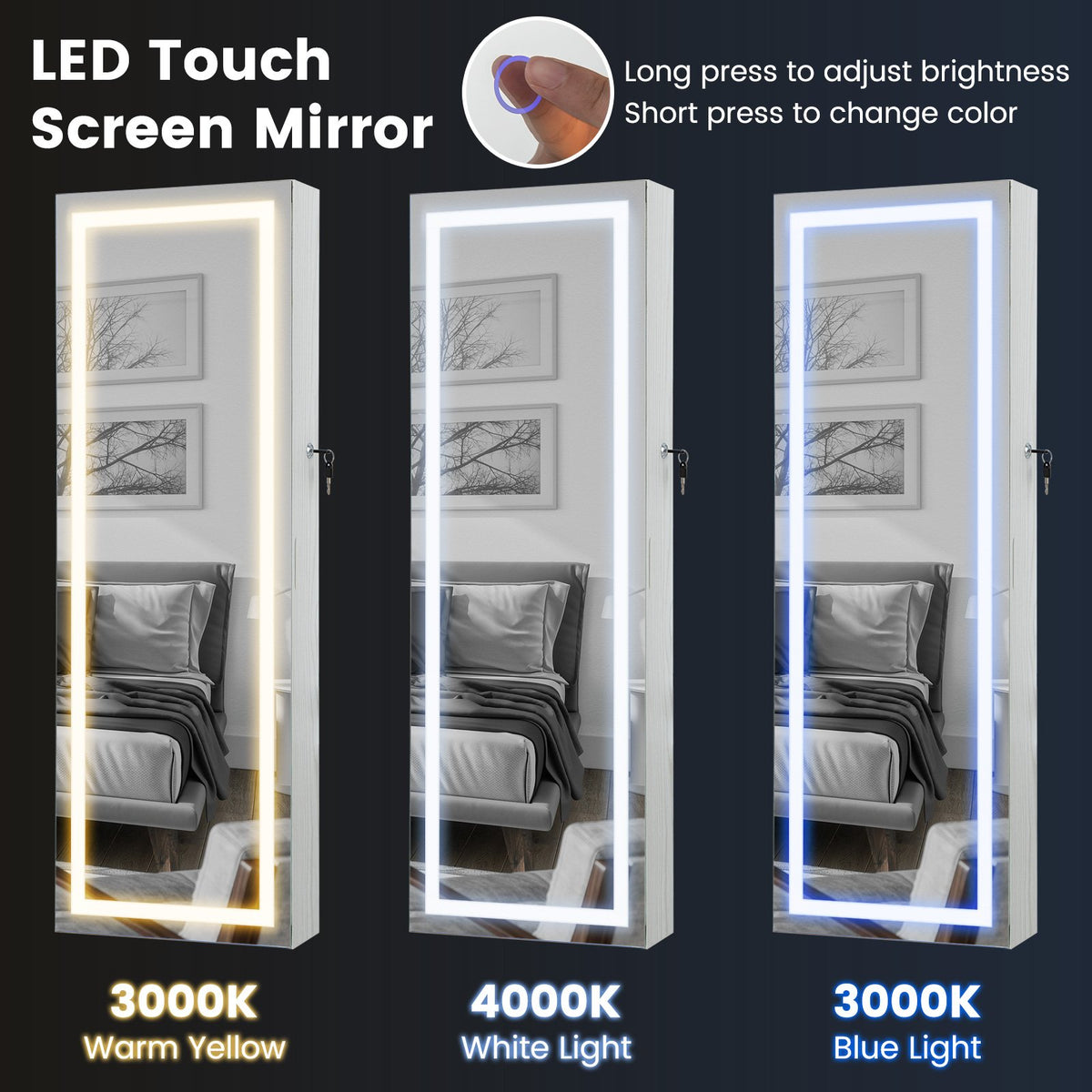 42.5 Inches Lockable Jewelry Mirror Wall Cabinet with 3-Color LED Lights-White view 8