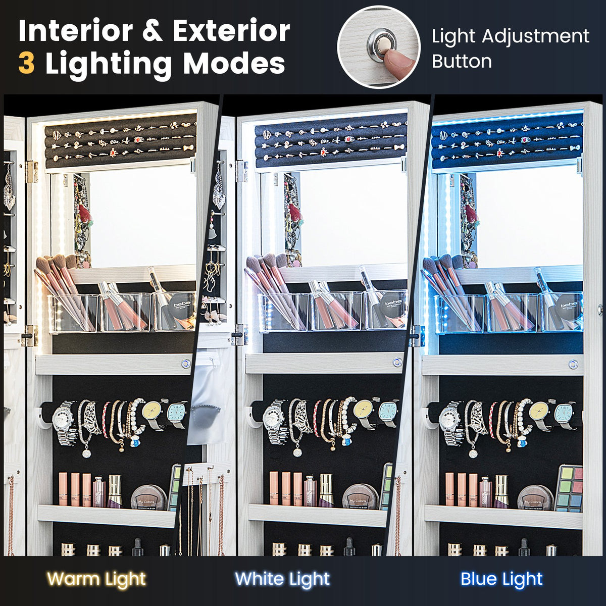 42.5 Inches Lockable Jewelry Mirror Wall Cabinet with 3-Color LED Lights-White view 9