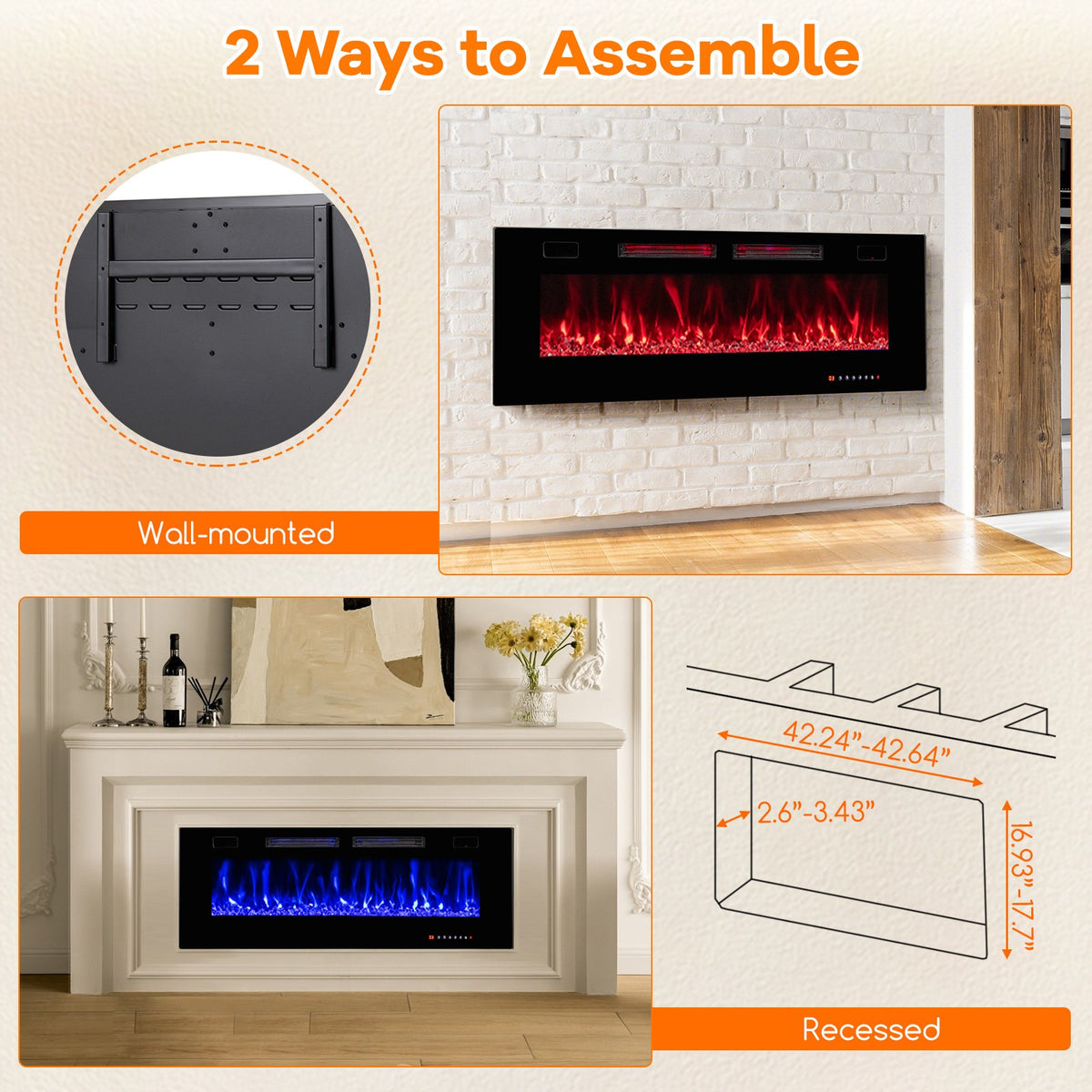 42/50/60/72 Inch Ultra-Thin Electric Fireplace with Decorative Crystals-50 inches view 6