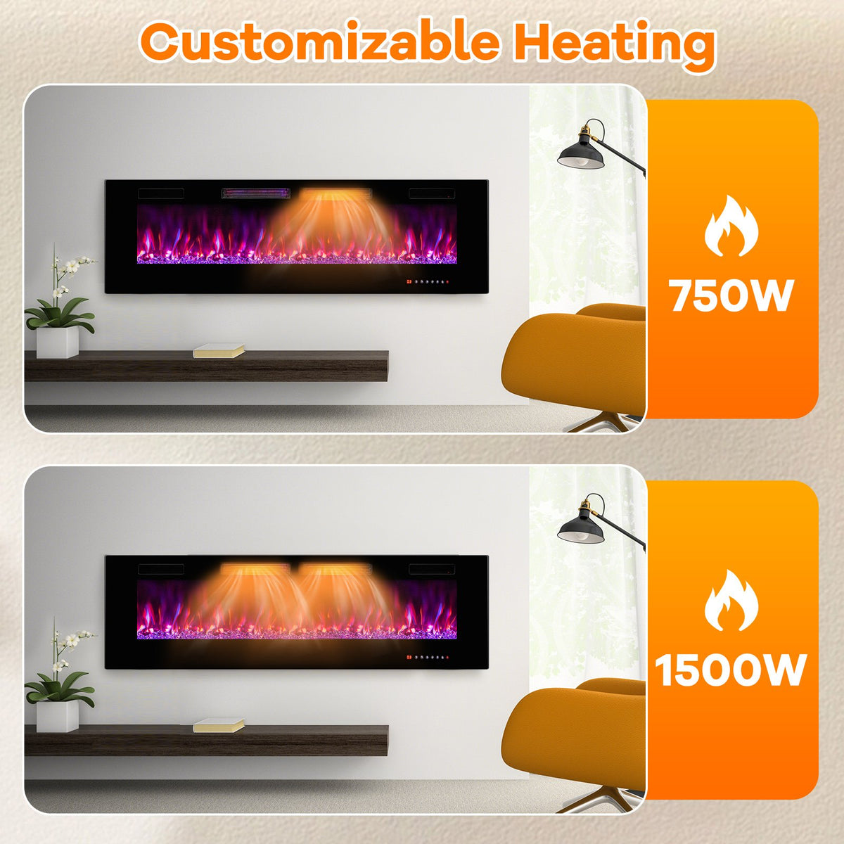 42/50/60/72 Inch Ultra-Thin Electric Fireplace with Decorative Crystals-60 inches view 5