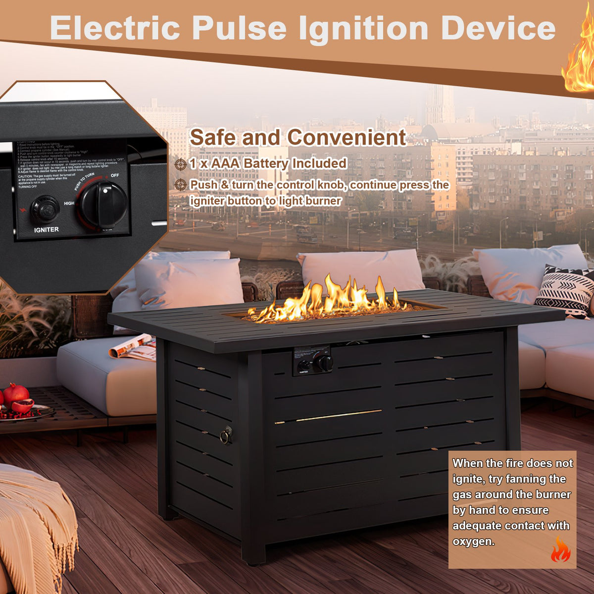 42 Inch 60 000 BTU Rectangular Propane Fire Pit Table with Waterproof Cover view 7