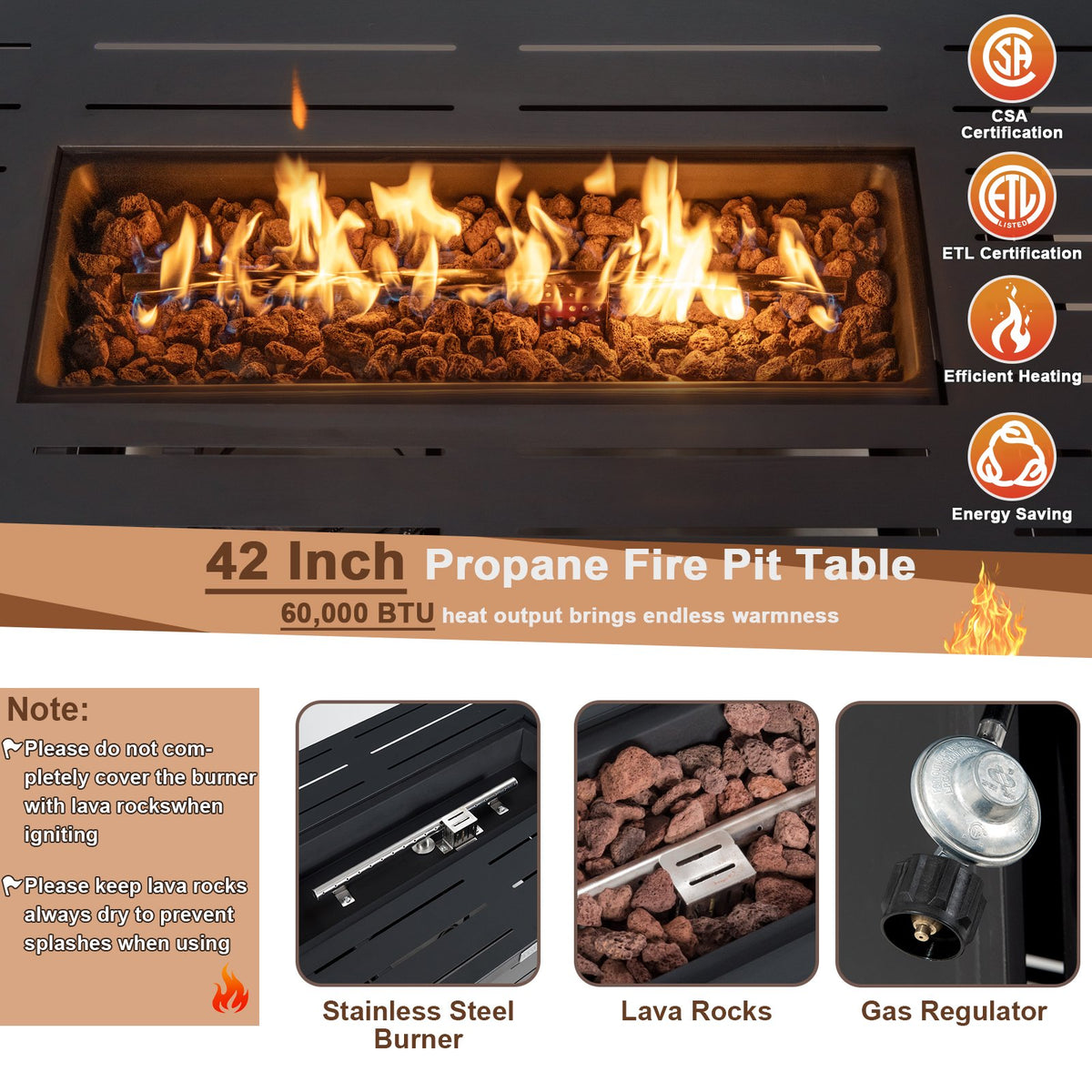 42 Inch 60 000 BTU Rectangular Propane Fire Pit Table with Waterproof Cover view 8