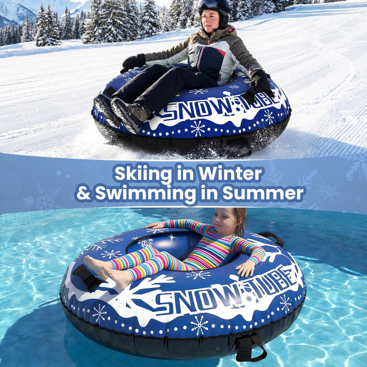 42 inches Heavy-duty Inflatable Snow Tube with Detachable Tow Strap-Blue view 6