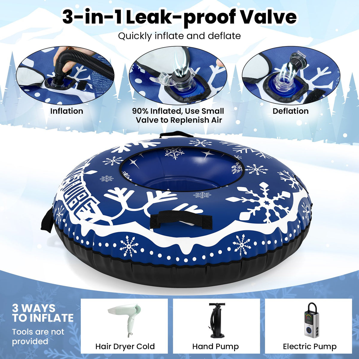 42 inches Heavy-duty Inflatable Snow Tube with Detachable Tow Strap-Blue view 7
