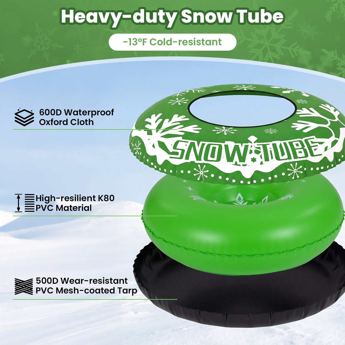 42 inches Heavy-duty Inflatable Snow Tube with Detachable Tow Strap-Green view 6