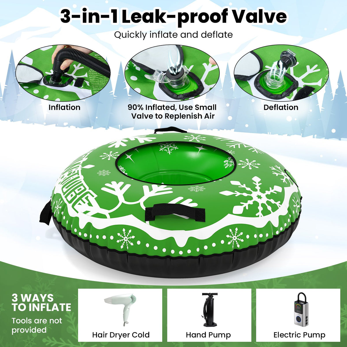 42 inches Heavy-duty Inflatable Snow Tube with Detachable Tow Strap-Green view 9
