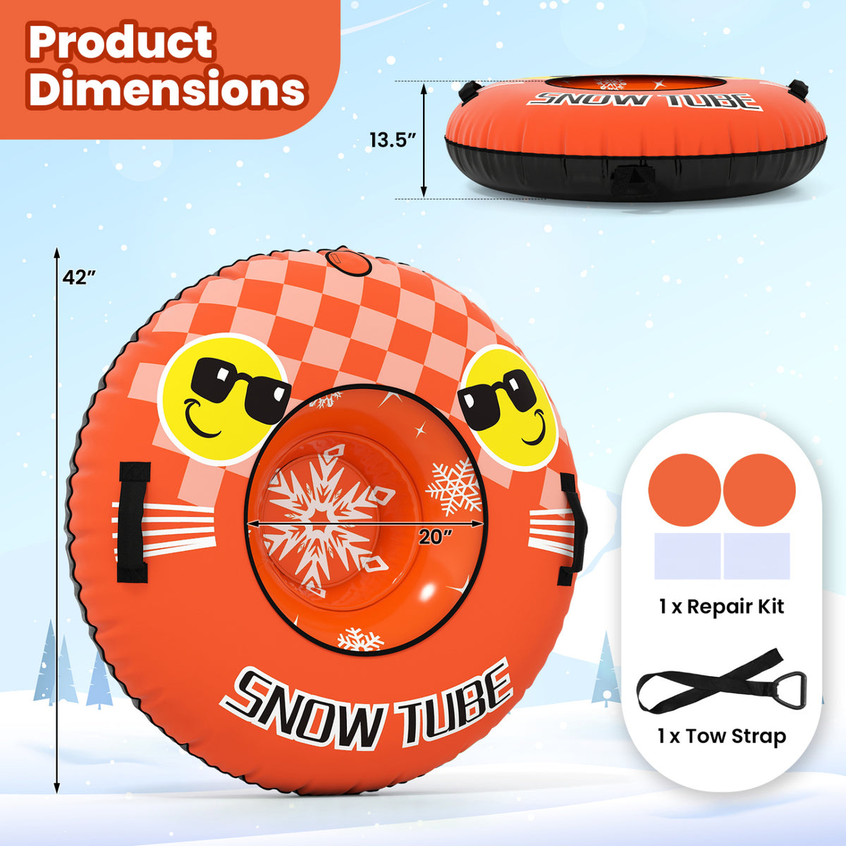 42 inches Heavy-duty Inflatable Snow Tube with Detachable Tow Strap-Orange view 4