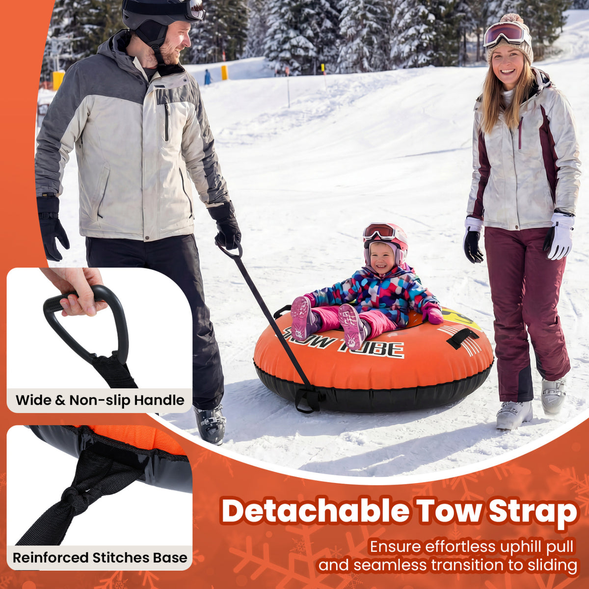 42 inches Heavy-duty Inflatable Snow Tube with Detachable Tow Strap-Orange view 9