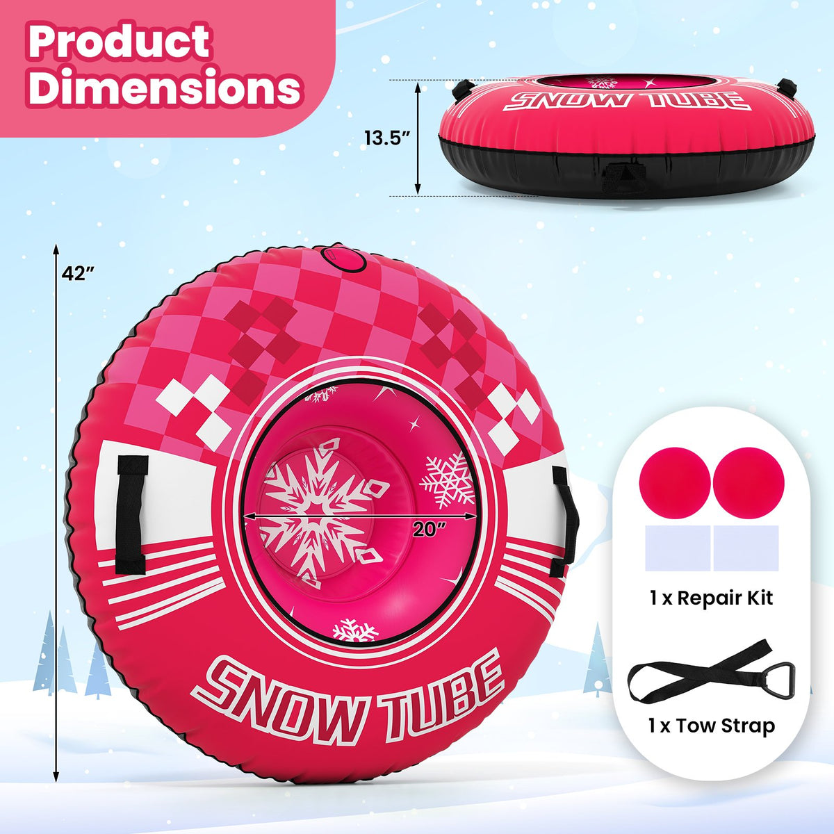 42 inches Heavy-duty Inflatable Snow Tube with Detachable Tow Strap-Pink view 4