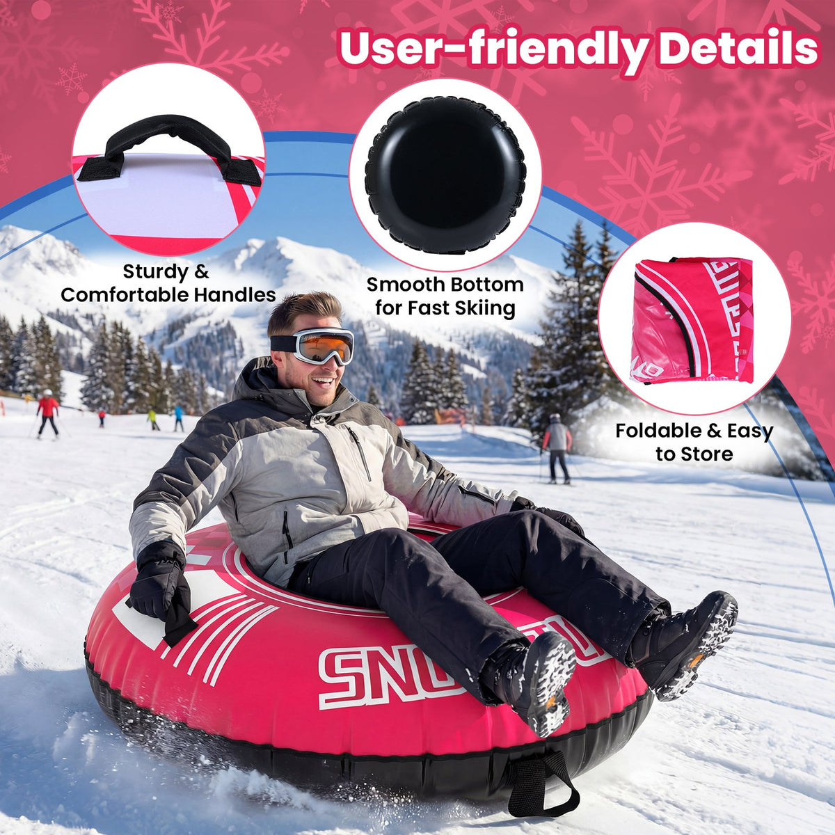 42 inches Heavy-duty Inflatable Snow Tube with Detachable Tow Strap-Pink view 6