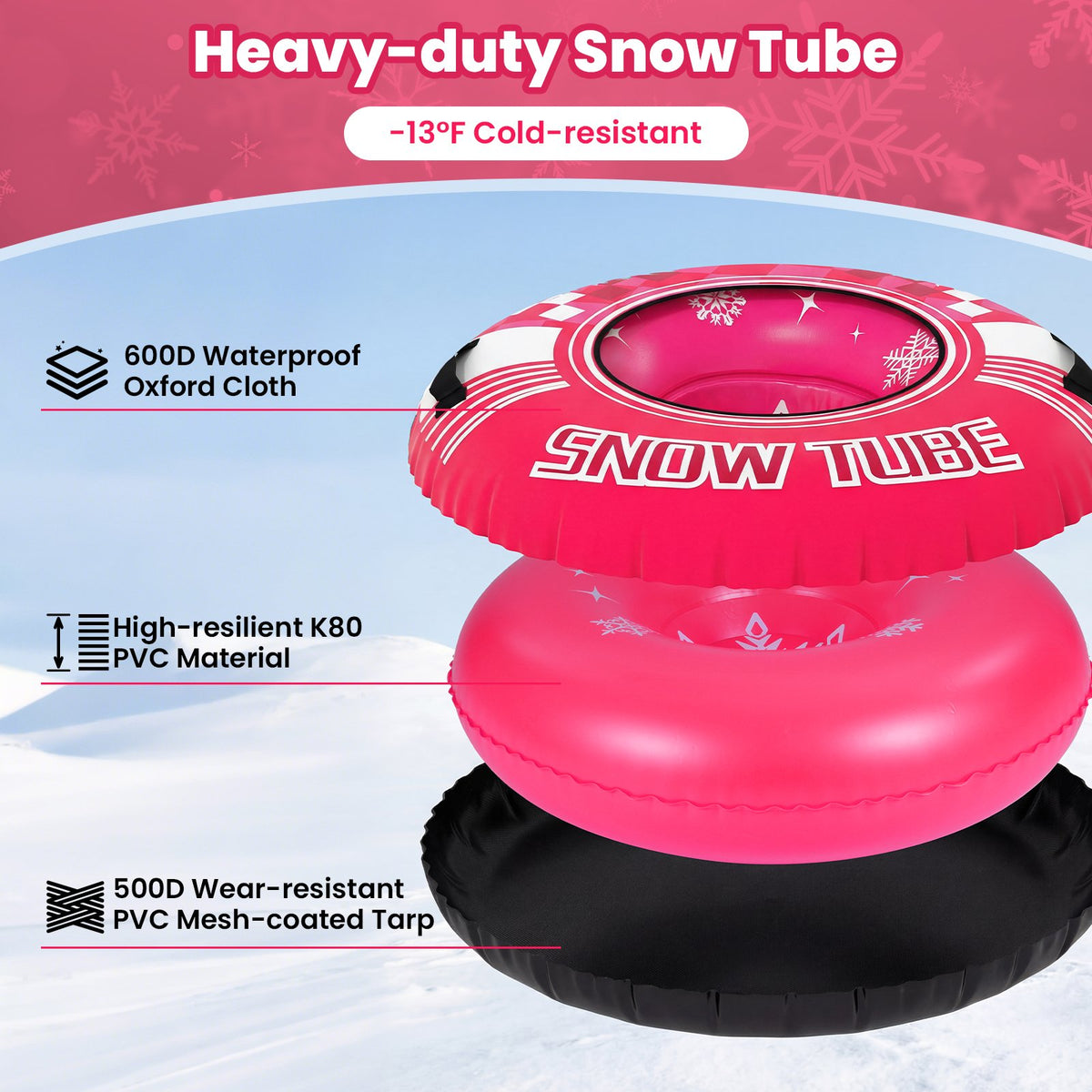 42 inches Heavy-duty Inflatable Snow Tube with Detachable Tow Strap-Pink view 7