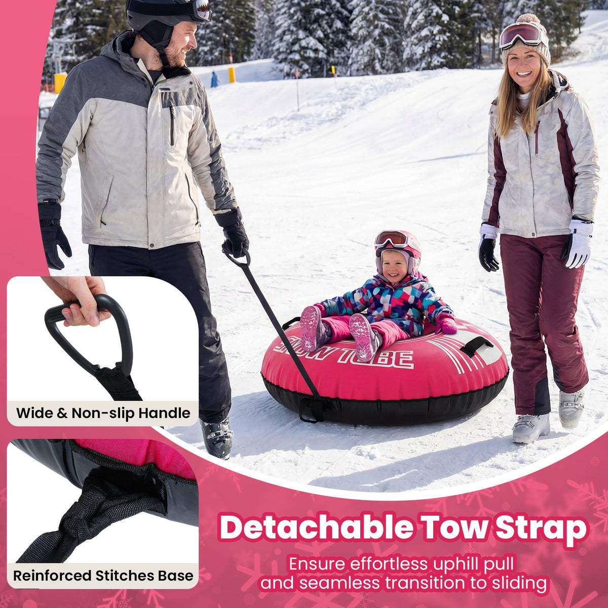 42 inches Heavy-duty Inflatable Snow Tube with Detachable Tow Strap-Pink view 8
