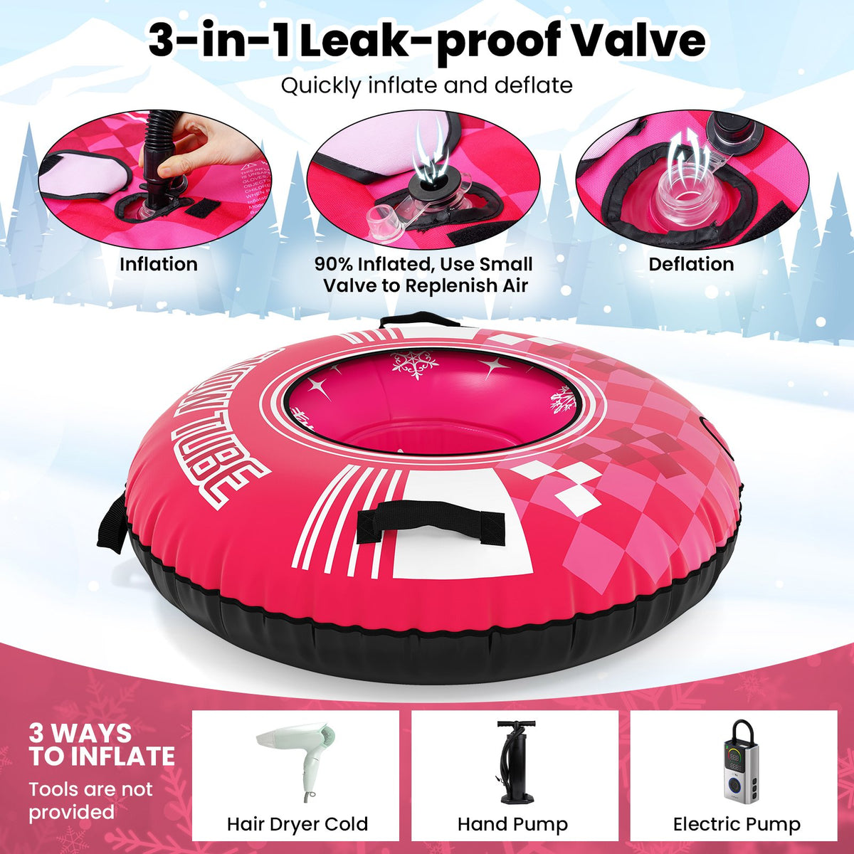 42 inches Heavy-duty Inflatable Snow Tube with Detachable Tow Strap-Pink view 9