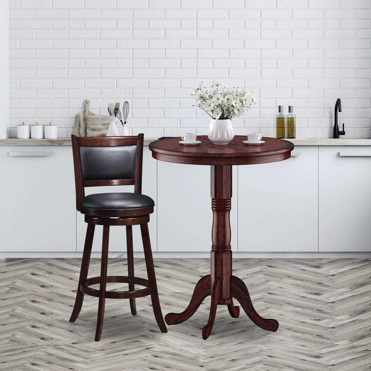 42 Inch Wooden Round Pub Pedestal Side Table with Chessboard view 7