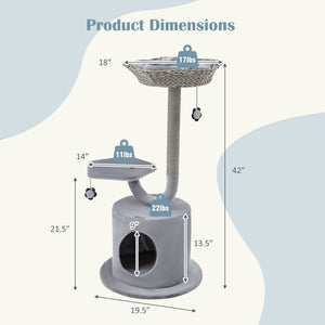 42 Inch Cat Tree with Curved Metal Supporting Frame and Sisal Scratching Board-Gray view 5