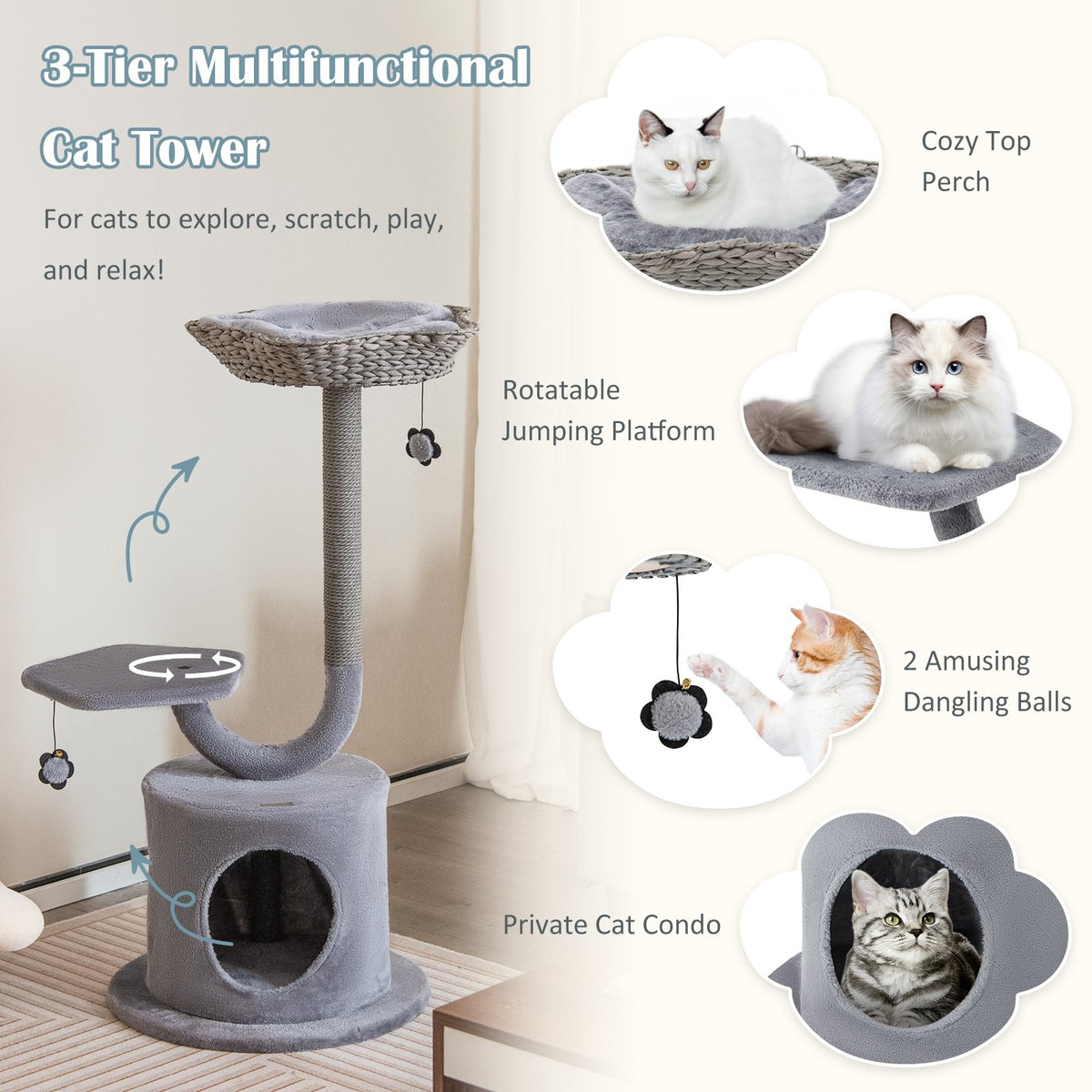 42 Inch Cat Tree with Curved Metal Supporting Frame and Sisal Scratching Board-Gray view 7