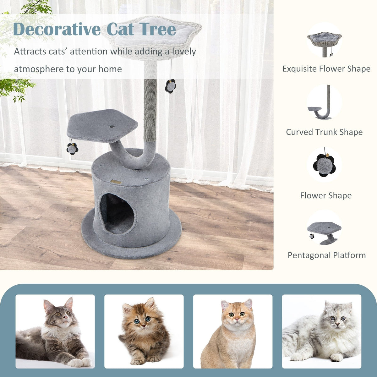 42 Inch Cat Tree with Curved Metal Supporting Frame and Sisal Scratching Board-Gray view 9