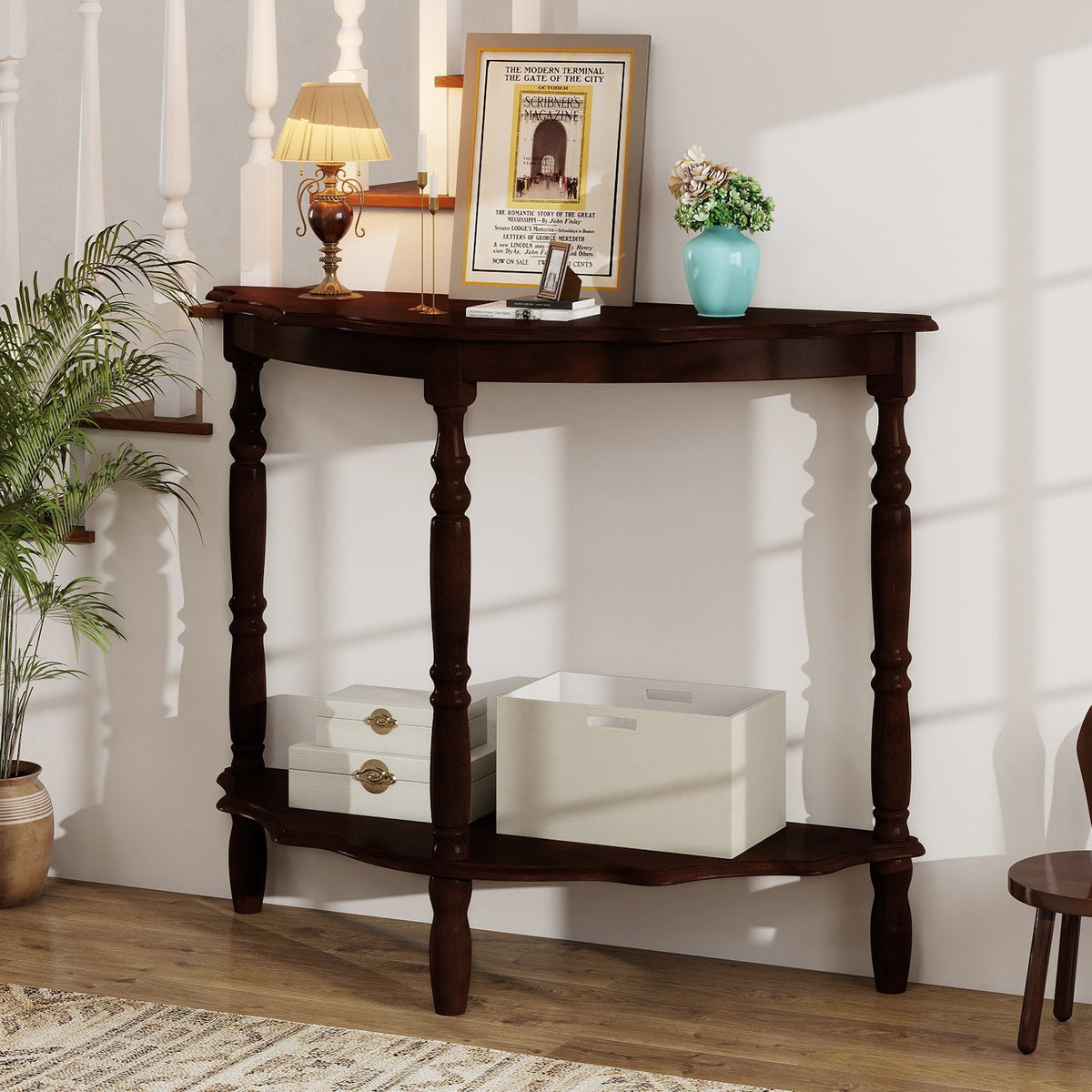 42 Inch Half Moon Console Table with Shelf and Rubber Wood Legs-Espresso view 2
