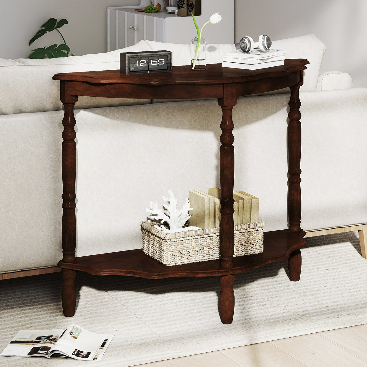 42 Inch Half Moon Console Table with Shelf and Rubber Wood Legs-Espresso view 3