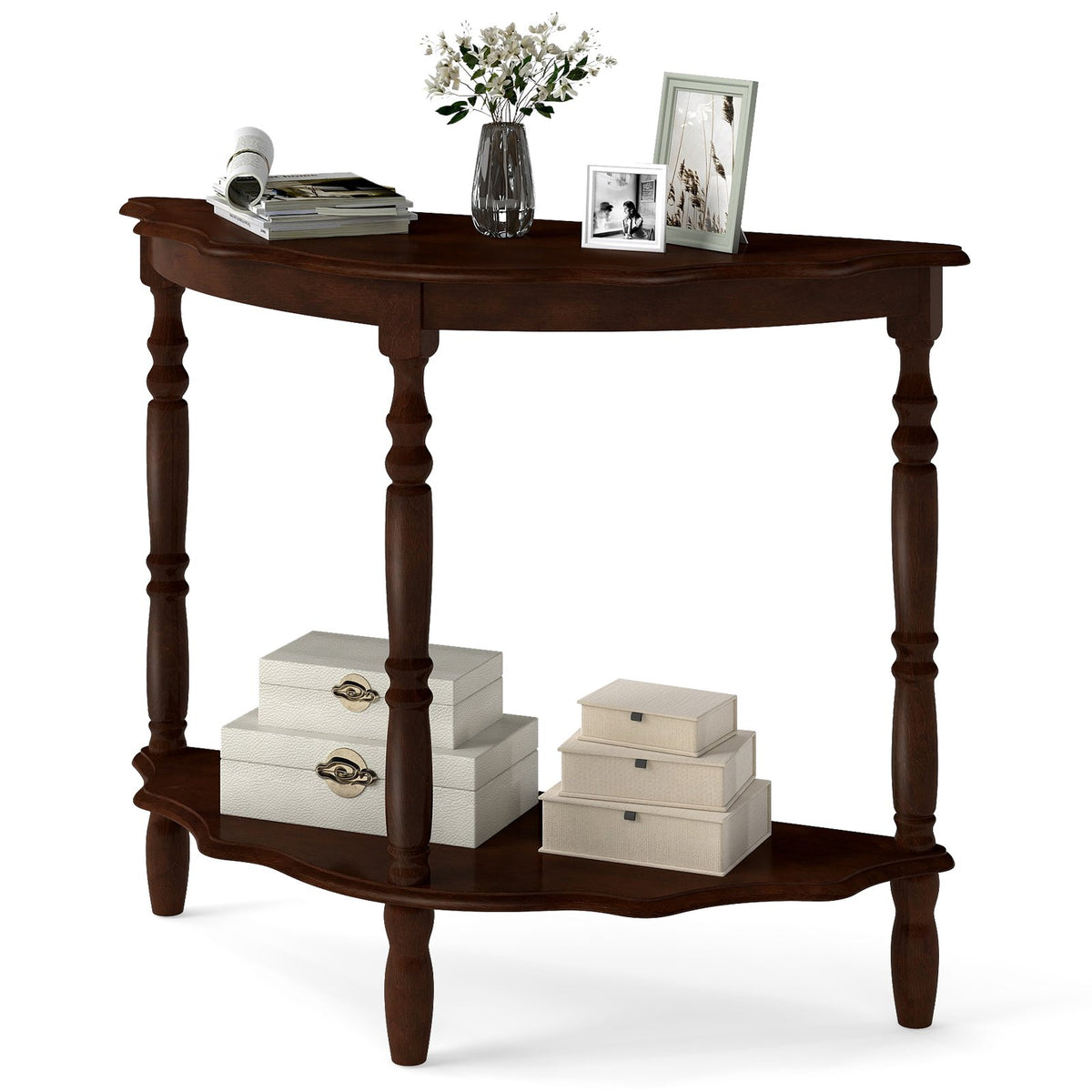 42 Inch Half Moon Console Table with Shelf and Rubber Wood Legs-Espresso view 4