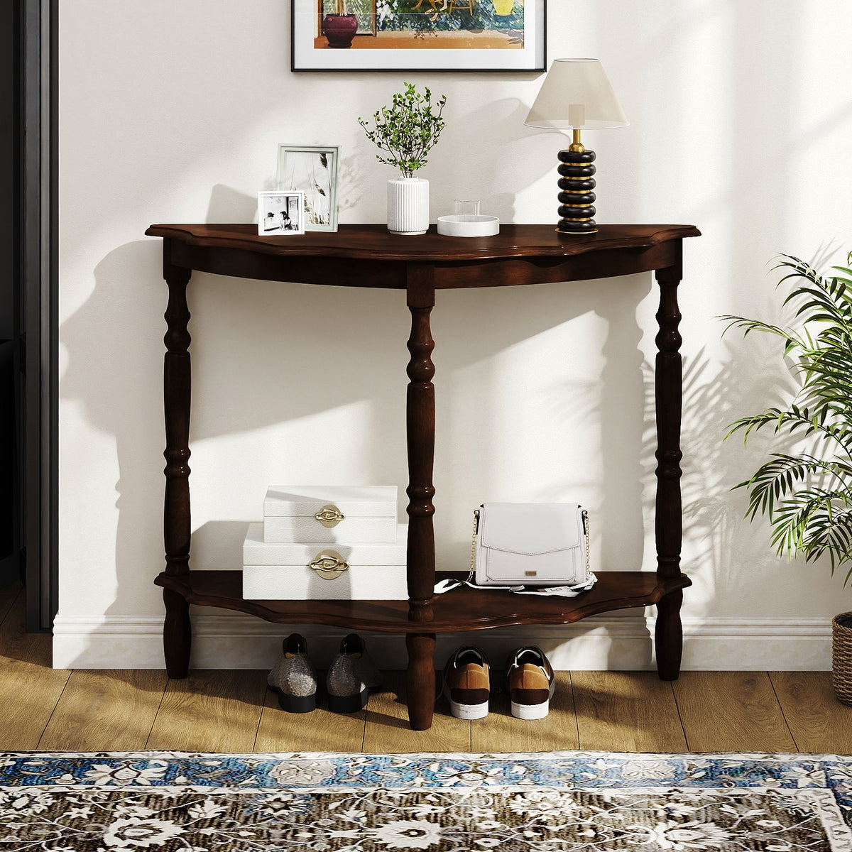 42 Inch Half Moon Console Table with Shelf and Rubber Wood Legs-Espresso view 6