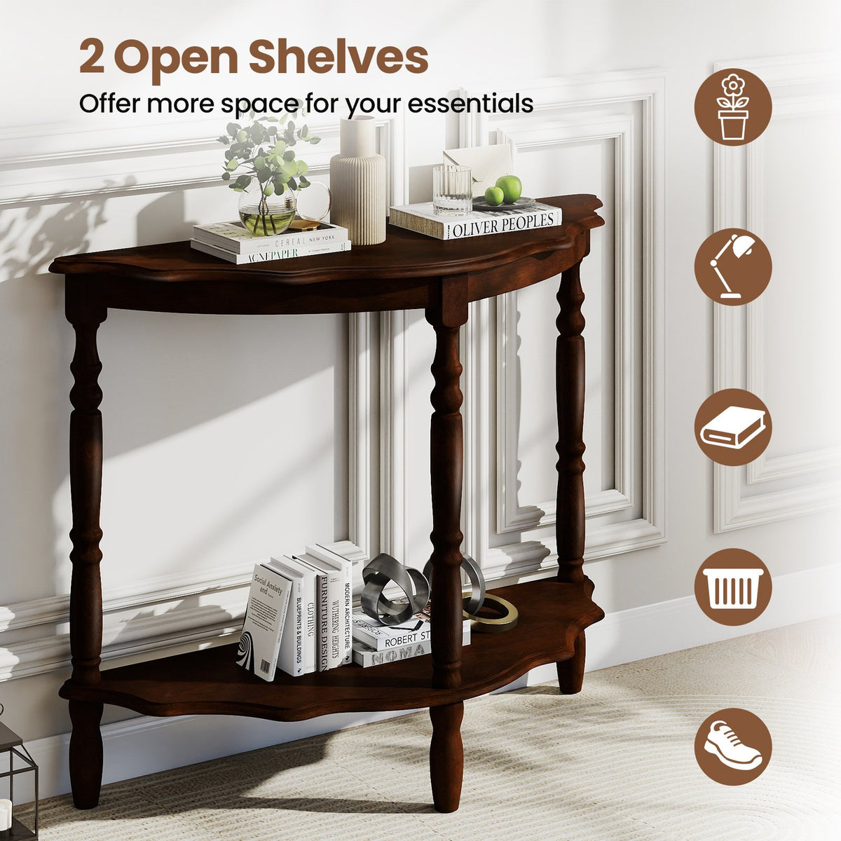 42 Inch Half Moon Console Table with Shelf and Rubber Wood Legs-Espresso view 7