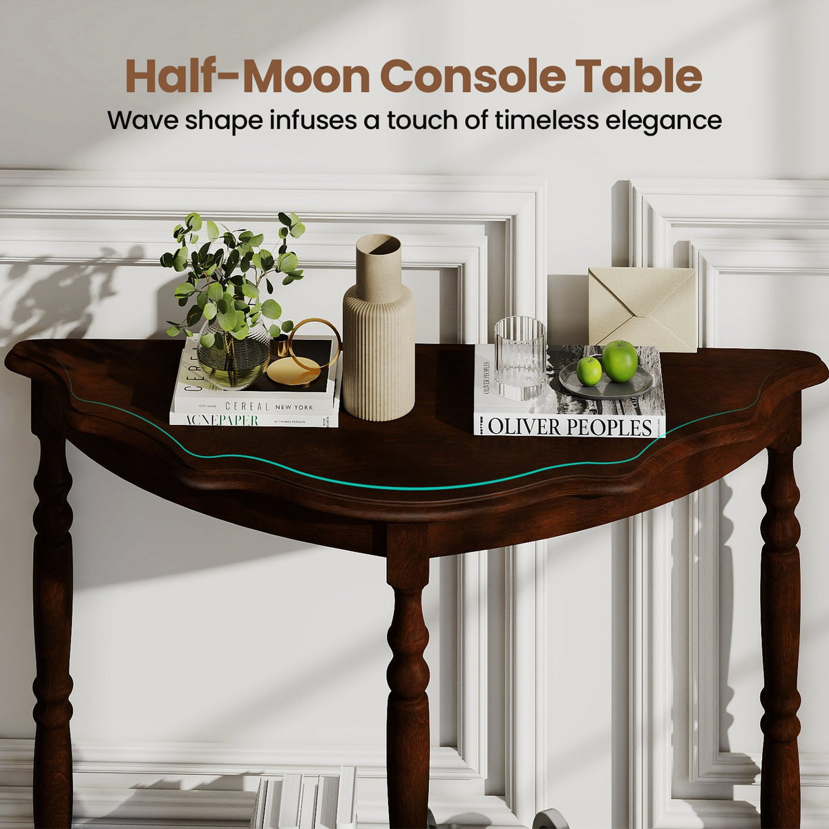 42 Inch Half Moon Console Table with Shelf and Rubber Wood Legs-Espresso view 8