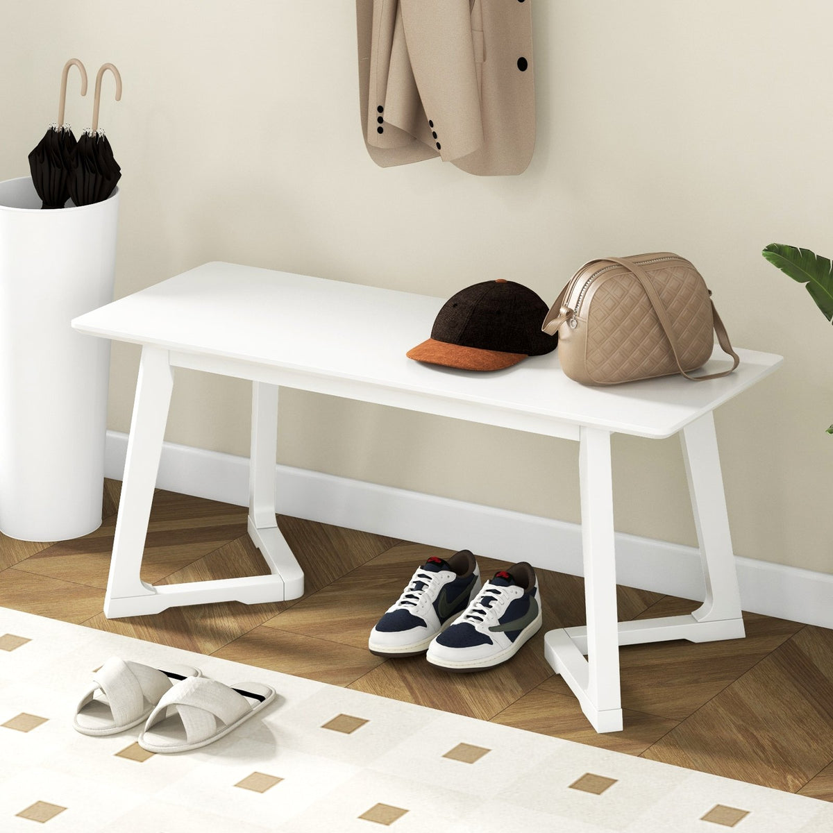 42 Inch Modern Entryway Bench Long Dining Bench with Rubber Wood Legs-White view 2