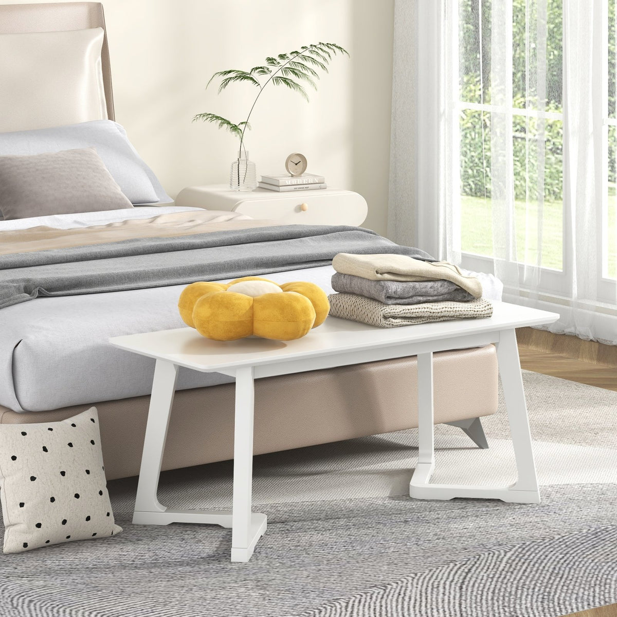 42 Inch Modern Entryway Bench Long Dining Bench with Rubber Wood Legs-White view 3