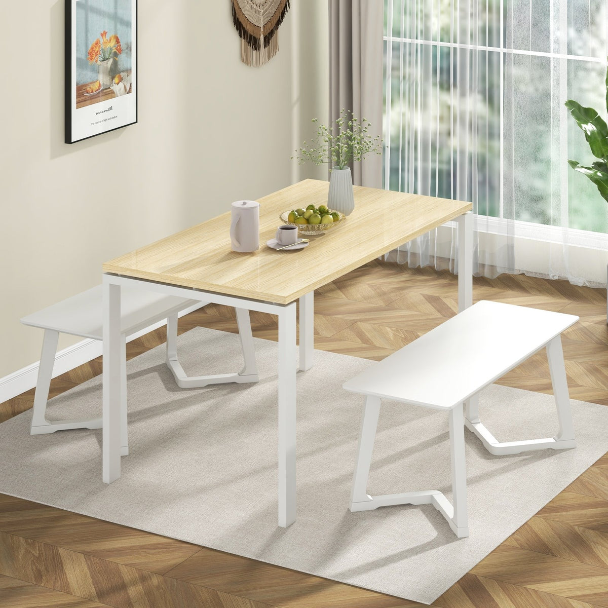 42 Inch Modern Entryway Bench Long Dining Bench with Rubber Wood Legs-White view 7