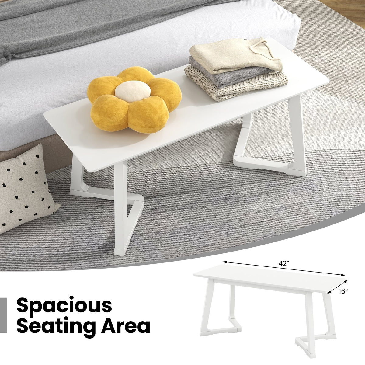 42 Inch Modern Entryway Bench Long Dining Bench with Rubber Wood Legs-White view 8