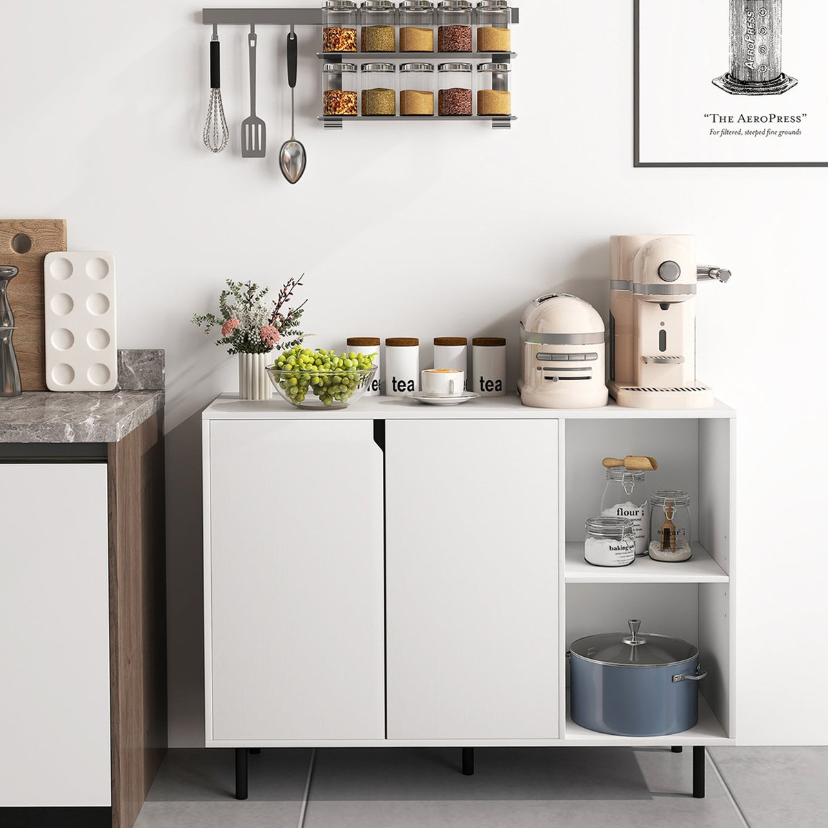 42 Inch Sideboard Buffet Cabinet Kitchen with Adjustable Shelves-White view 3
