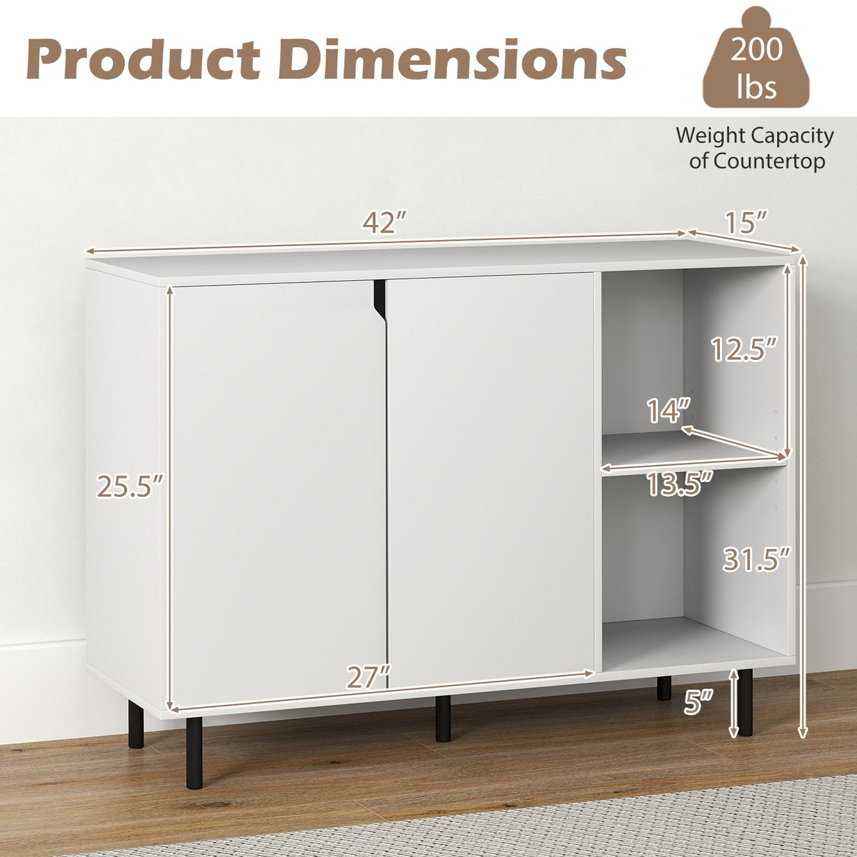 42 Inch Sideboard Buffet Cabinet Kitchen with Adjustable Shelves-White view 5