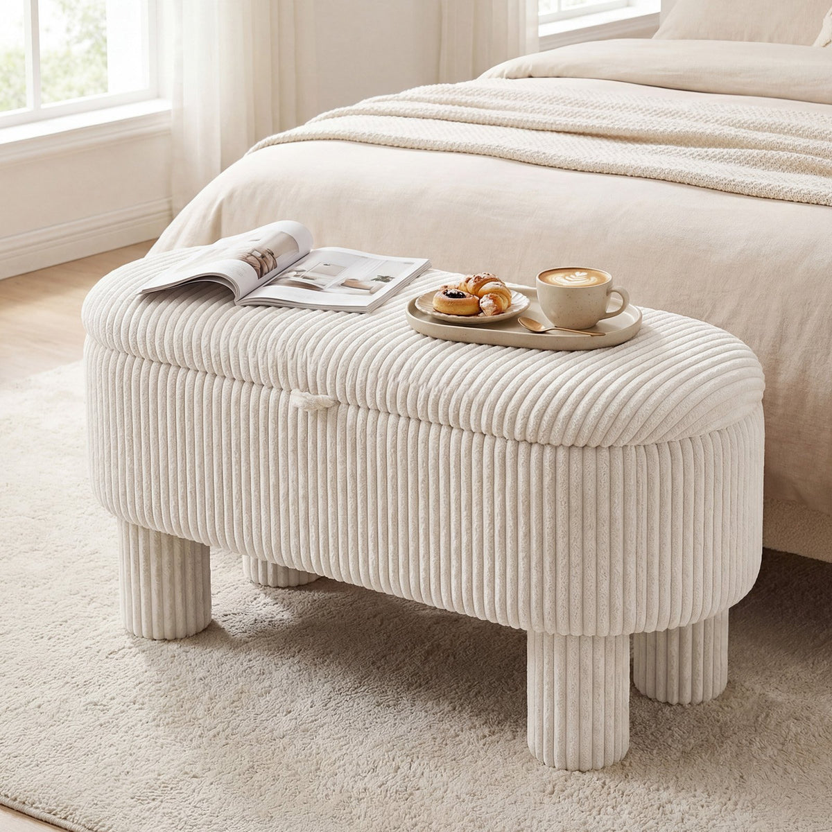 42 Inch Storage Ottoman Bench Corduroy Fabric Upholstered Foot Stool-Beige view 2