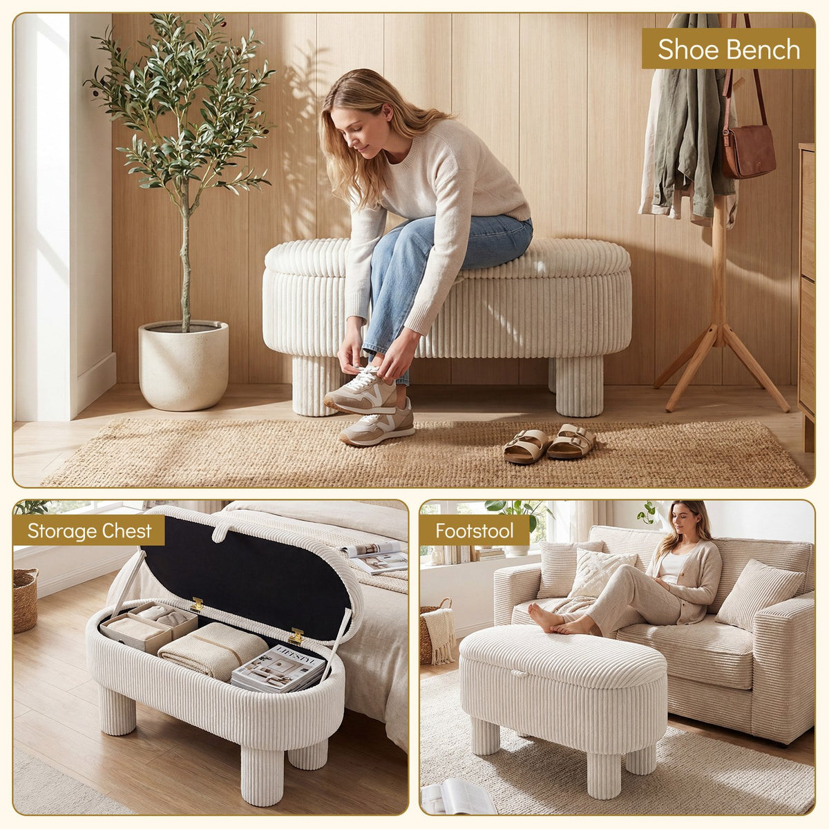 42 Inch Storage Ottoman Bench Corduroy Fabric Upholstered Foot Stool-Beige view 7