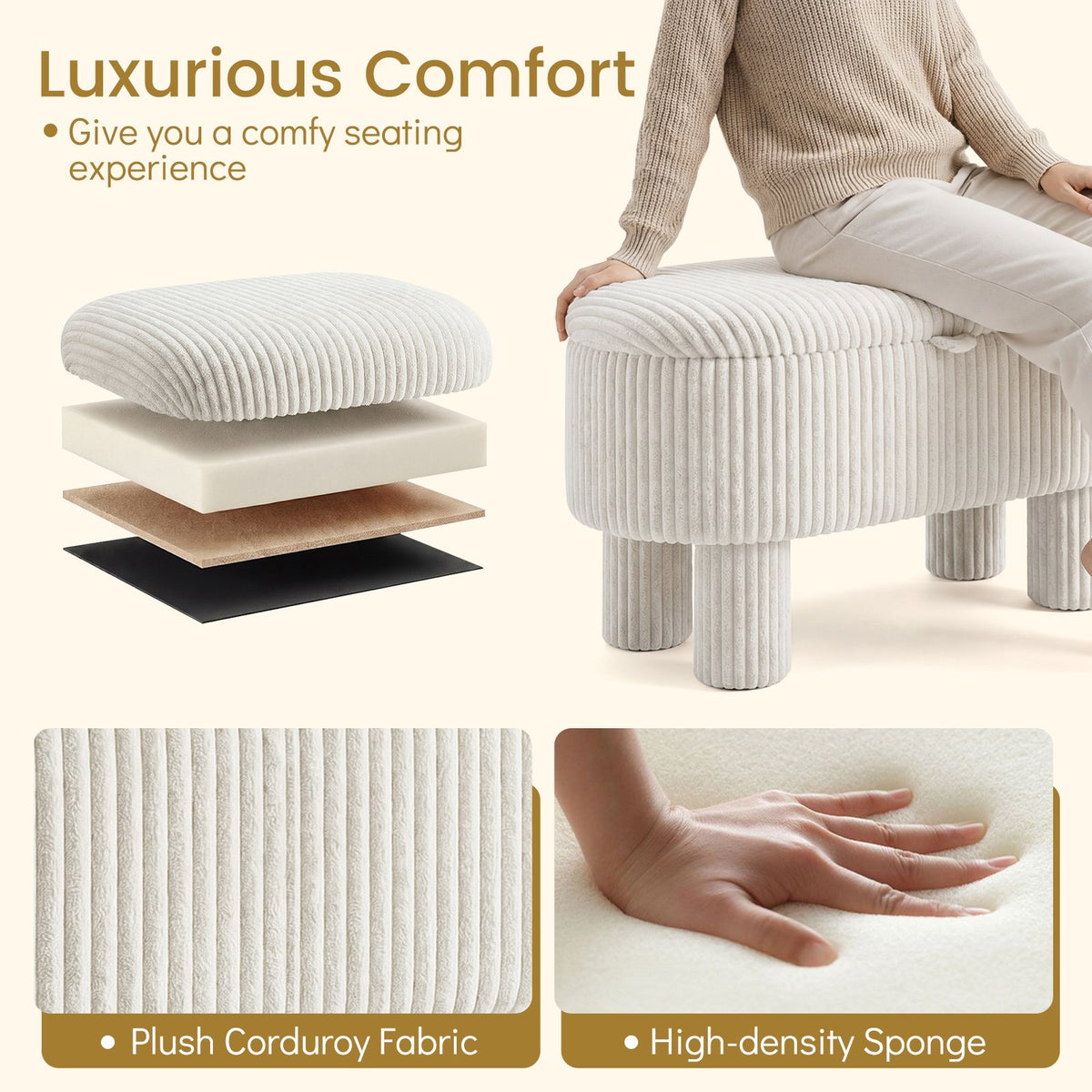 42 Inch Storage Ottoman Bench Corduroy Fabric Upholstered Foot Stool-Beige view 9